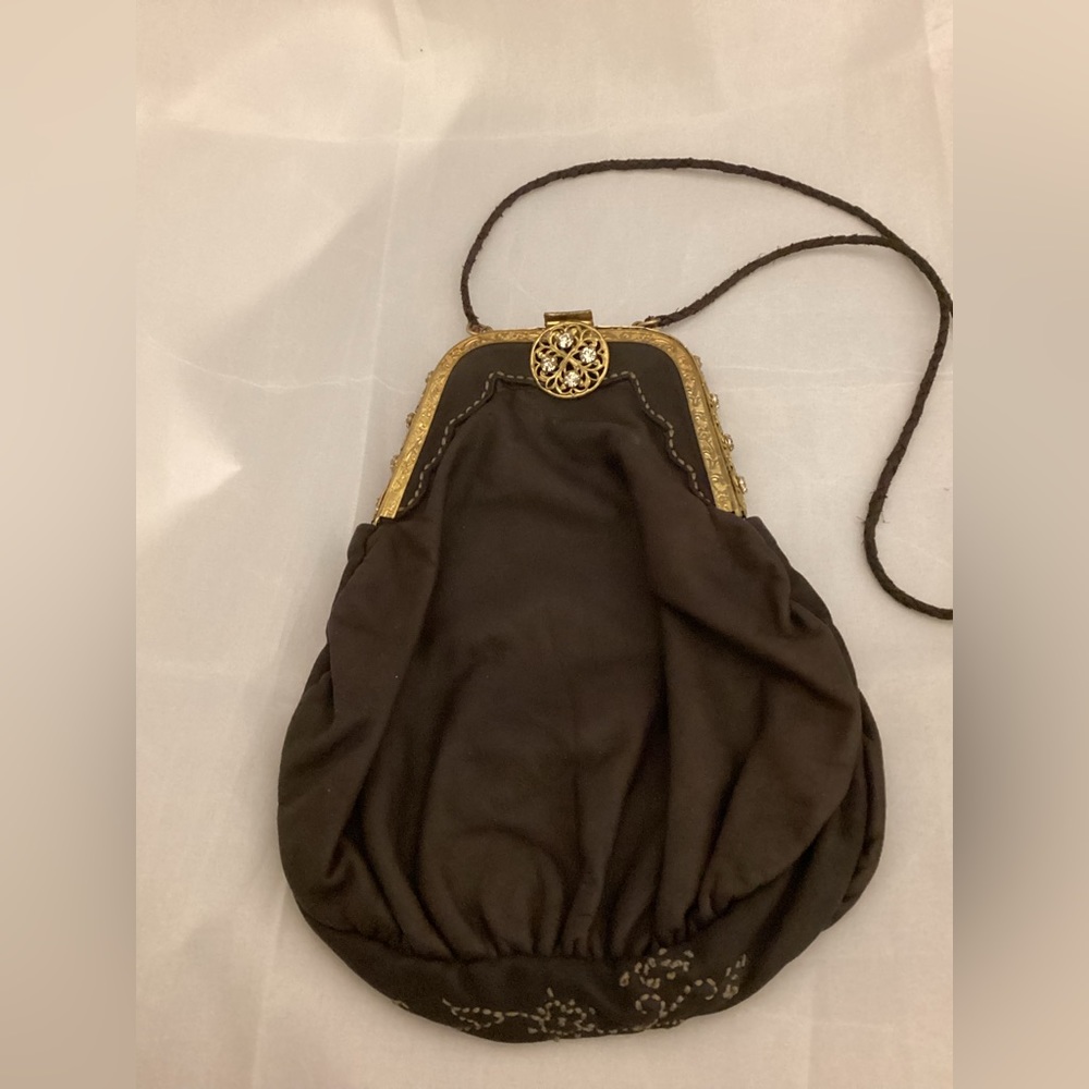 Vintage Brown Small Leather Purse With Gold Tone Metallic Clutch